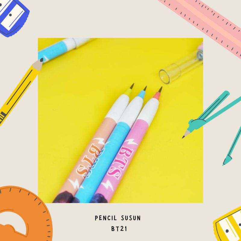 PENSIL SUSUN KARAKTER BTS BT21 KEPERLUAN SEKOLAH ANAK PENSIL PELURU LUCU ATK FANCY IMUT IMPOR