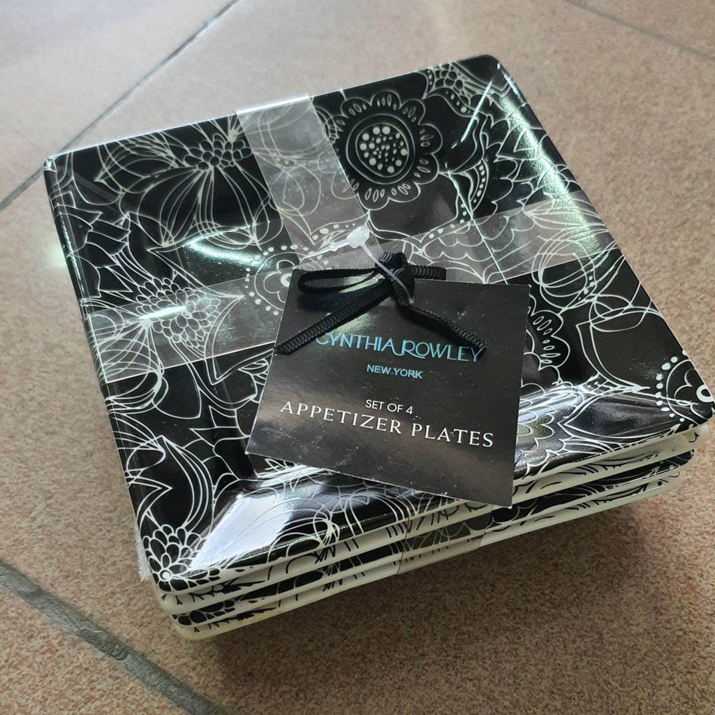Piring Kotak Keramik Untuk Dessert/Cake/Snack/Puding Set Isi 4 Cynthia Rowley Hitam Putih