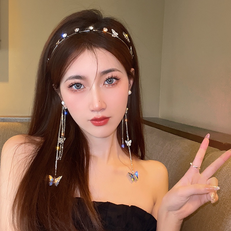 Headband Model Butterfly Tassel Aksen Berlian Untuk Aksesoris Rambut