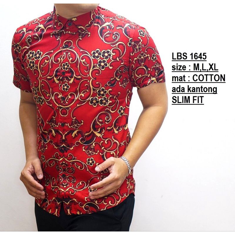 KEMEJA BATIK PRIA SLIM FIT LENGAN PENDEK ORIGINAL ODZA  WARNA MERAH IMLEK OS228