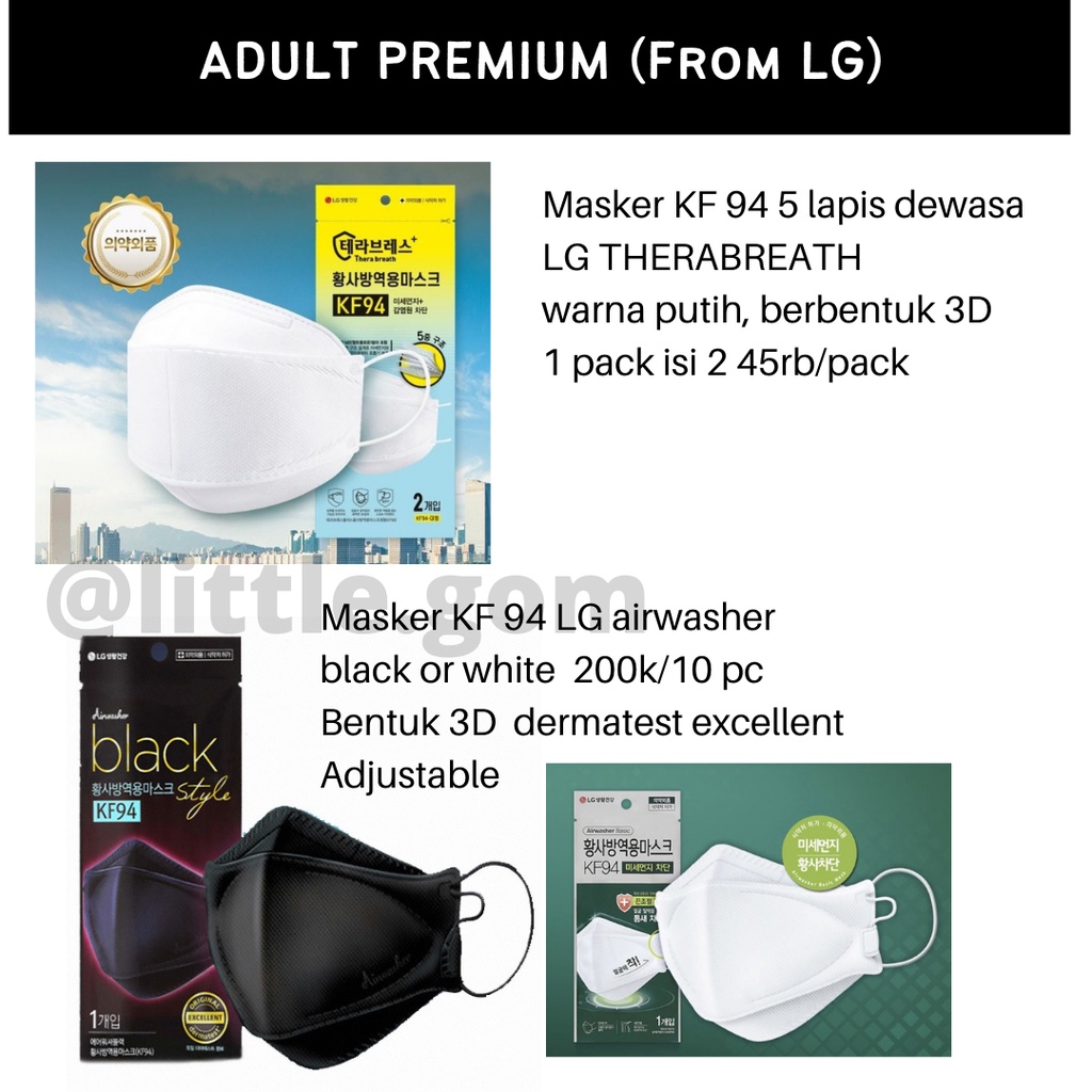 Masker Korea PREMIUM KFAD/KF94-4PLY/KF94 5PLY merk Kleenex LG AIRWASHER Kleanguard
