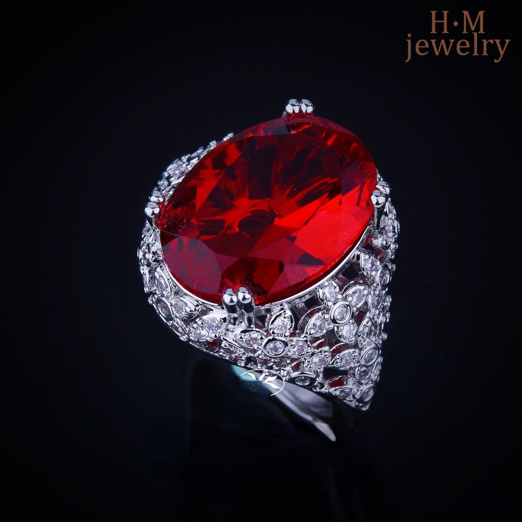 Cincin Berlian Ruby Besar Bahan S925 Silver