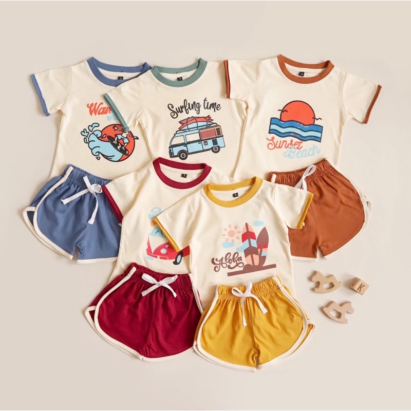 Beach Set Baju Anak Pantai Setelan Kaos Anak Celana Pendek Unisex Playset Baju harian rumah anak