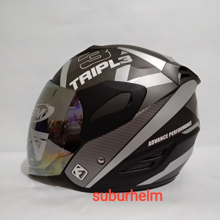 HELM  GM  FIGHTER   TRIPLE    BLACK GREY  DOFF   SINGLE  VISOR  HALF FACE  ORI