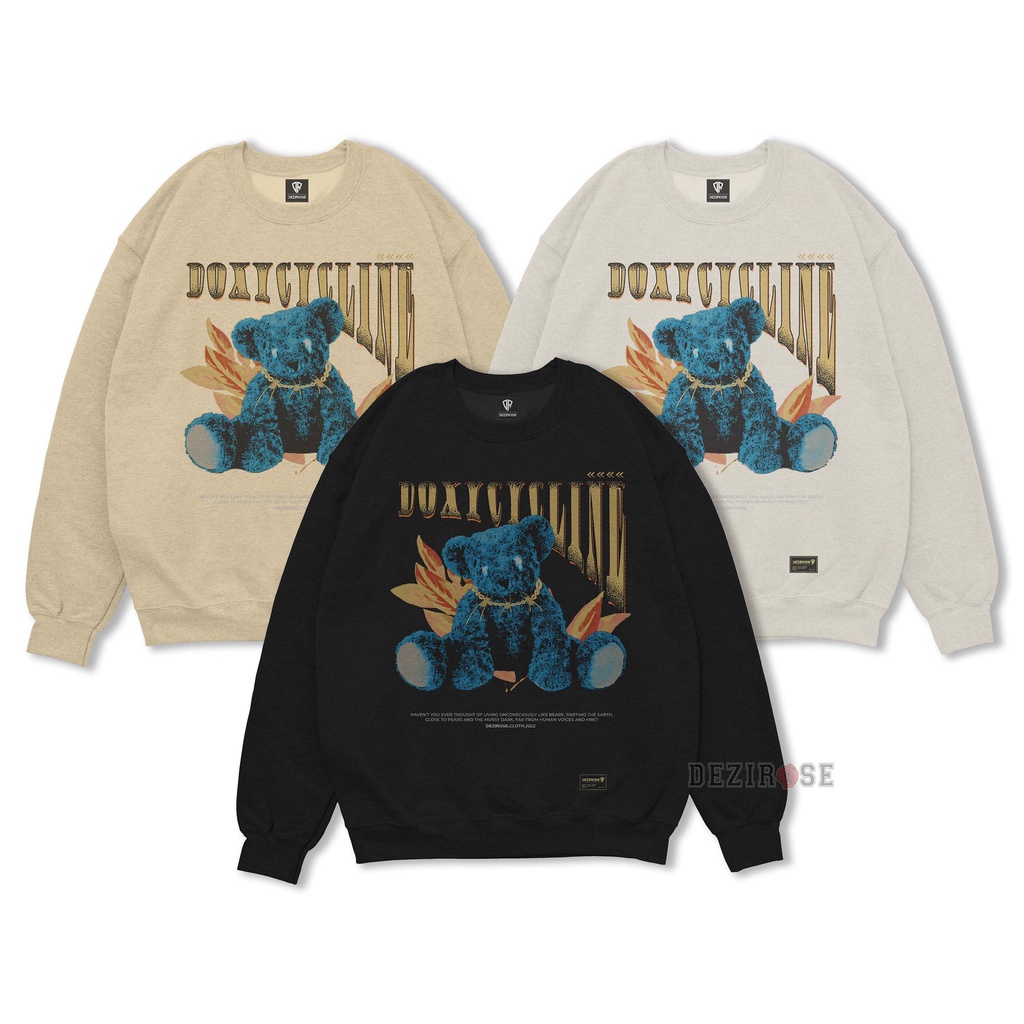 DEZIROSE Sweater Crewneck Bear Doxycline Pria &amp; Wanita Distro Fleece Tebal Premium Size M-XXL