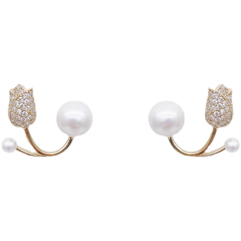 Anting Stud Bentuk Tulip Aksen Kristal Mutiara Warna Emas Untuk Wanita