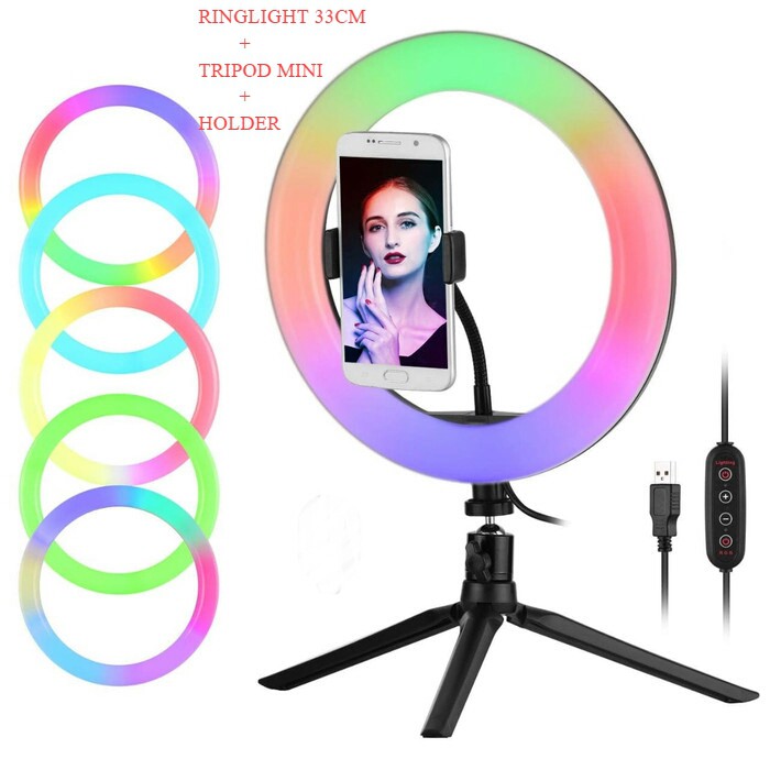 [WS] Ringlight RGB Warna Rainbow 33CM + Tripod Mini Besi Stand 1.1M 1.6M 2.M TikTok / Youtuber