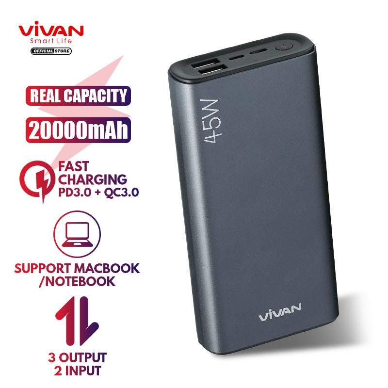 VIVAN Powerbank 20000mAh 45W 3 Outputs & 2 Inputs PD Q3.0 VPB-L20 Power Bank - ORIGINAL GARANSI RESM