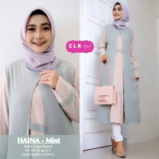 Tunik Haina Cantik Soft Pastel Laurent Model Terbaru Panjang Dibawah Lutut Kombinasi Warna Polos Cla