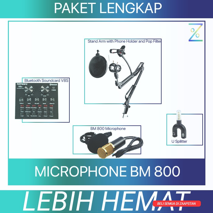 Paket Karaoke Recording Smule Microphone BM 800 Mic Stand Arm Pop Filter Phone Holder V8 Soundcard