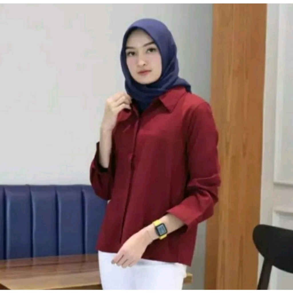 Kemeja wanita Putih Baju Kemeja Wanita Casual Hem Polos Cewek Kerja Kantoran Kuliah Kekinian Terbaru-maroon