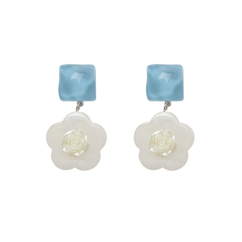 Anting S925 Silver Needle Bentuk Bunga Biru Gaya Korea Untuk Wanita