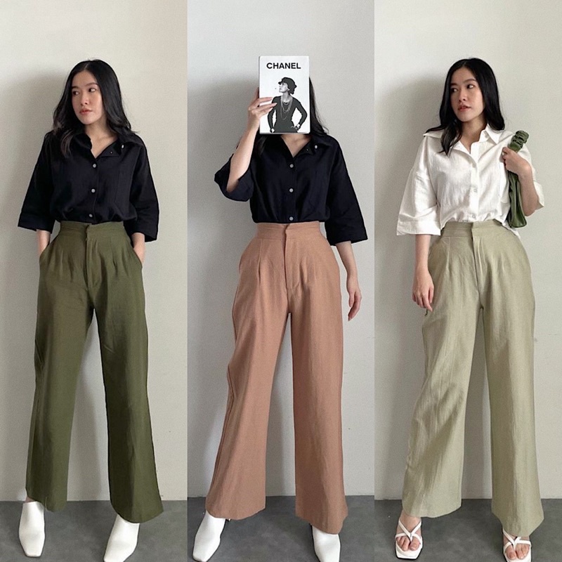 Celana Kulot Haighwaist Wanita Terbaru Bahan Linen Tebal