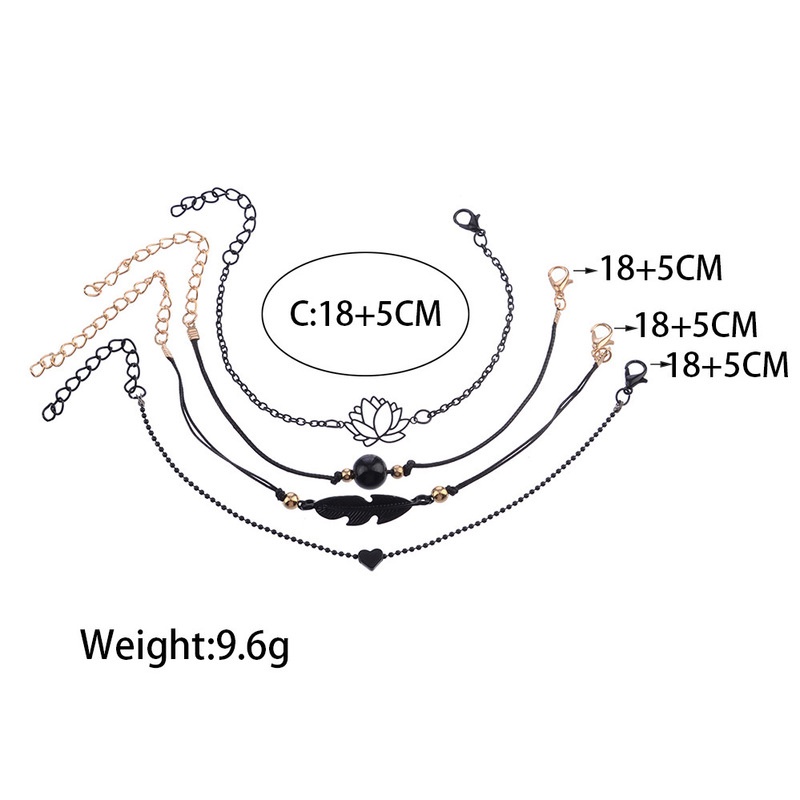 4pcs / Set Gelang Rantai Manik-Manik Bentuk Daun Teratai Hati Warna Hitam Bahan Alloy Dapat Disesuaikan Untuk Wanita