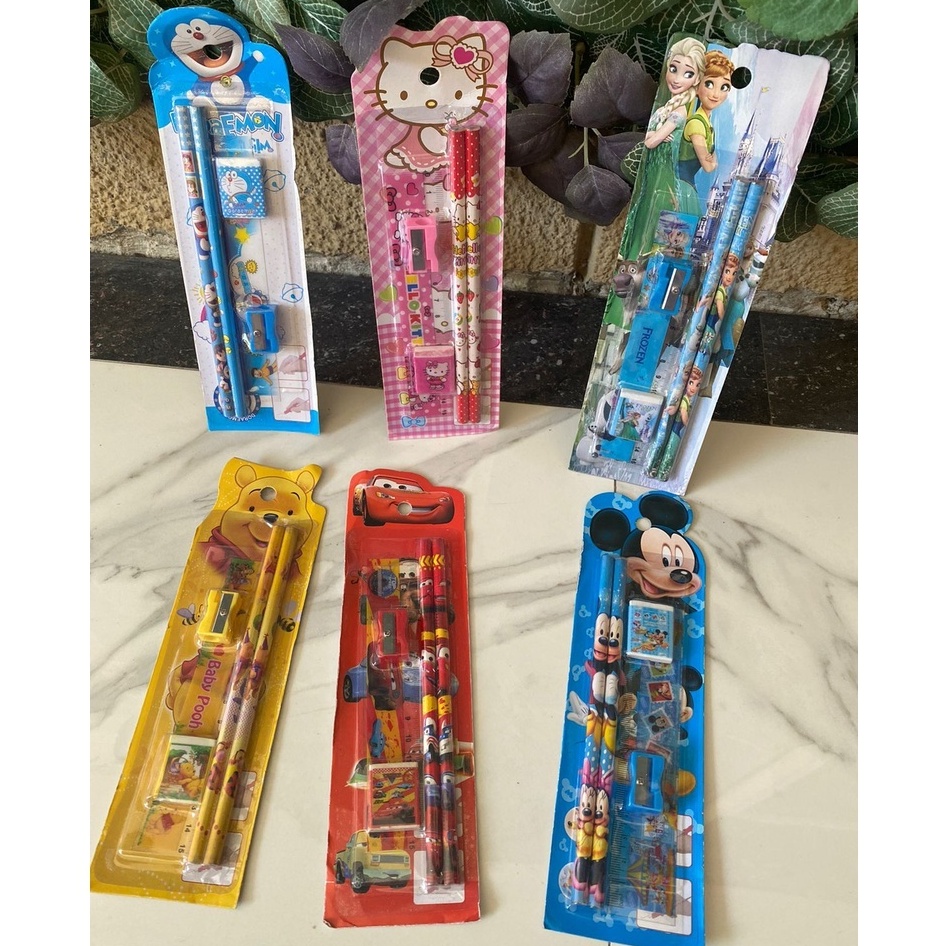 4in1 Set Alat Tulis Pensil + Pengahapus + Rautan  + Penggaris Motif karakter anak Frozen Cars Hellokity Princess Doraemon Mickey Winnie the poohUnicorn Set KADO Sovenir ultah sovenir lebaran kado anak lucu anak sekolah alat tulis anak