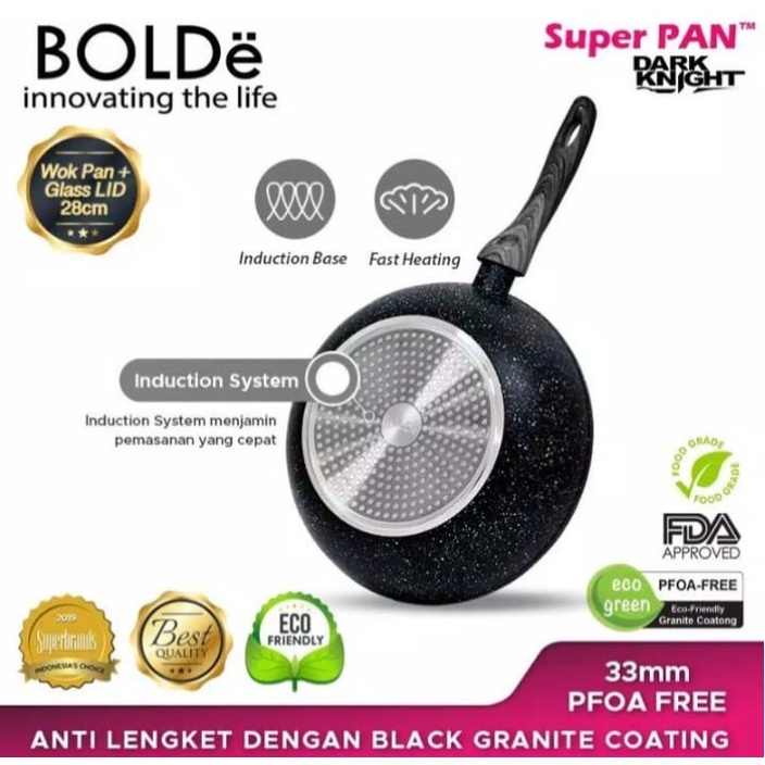 BOLDe Super Pan Wajan Wok Pan Granite Coating 28 CM + Glass Lid Tutup Kaca Dark Knight Black Edition