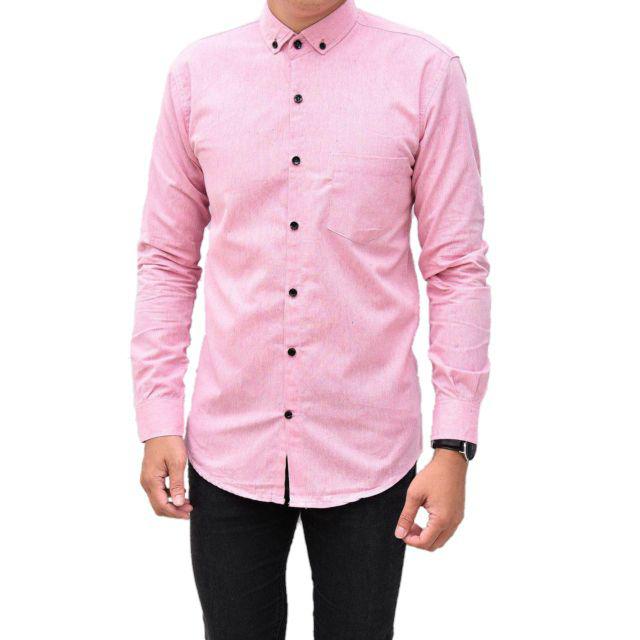 Kemeja Pria Lengan Panjang Polos Katun Kerja Kantor Formal  Baju Cowok-Soft pink