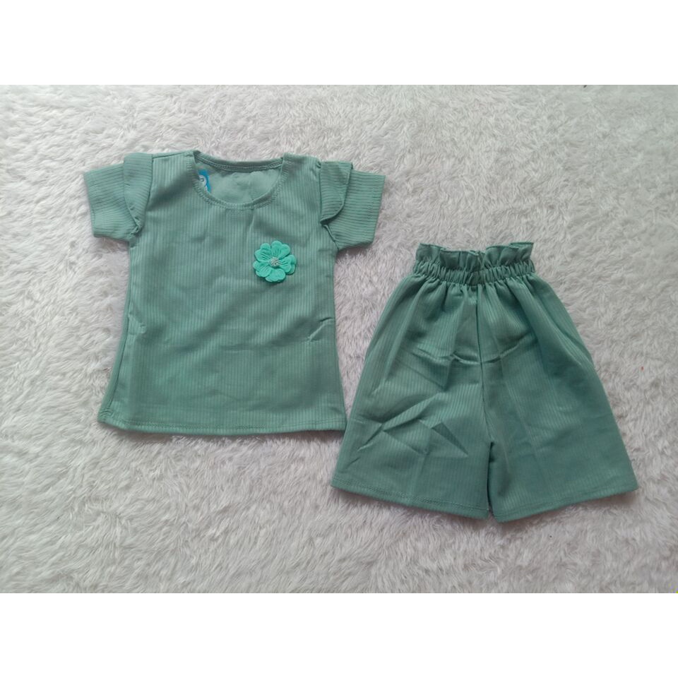 Setelan Anak Perempuan Knit Mango Waffle Ruffle Lengan pendek Setelan Kulot anak cewek knit 1-5 th babyrib-5