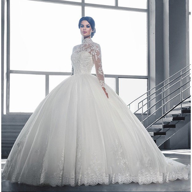 Gaun pengantin islami High Neck Long Sleeve Lace Appliqued Wedding Dress Muslim