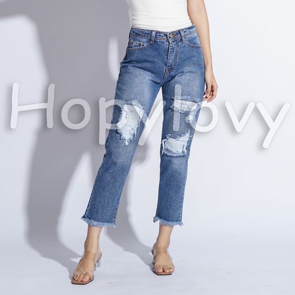 HOPYLOVY - Celana Boyfriend Ripped Jeans Wanita Rawis  Lucinna