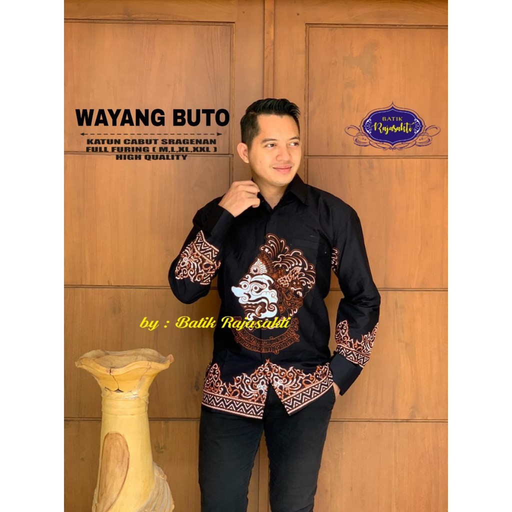 WAYANG BUTO RAJASAKTI KEMEJA BATIK SOLO PRIA LENGAN PANJANG PENDEK LAPIS FURING ATASAN PREMIUM MODERN KATUN HALUS AUSHAF BABON ANGKREM BAHUWIRYA  BANAMITRA BANAMITRA PUTIH BANGSAWAN BAYU PUTRA BERLIAN BIRU BHARATAYUDA BIMASENA BIRENDRA BIRU INDAH
