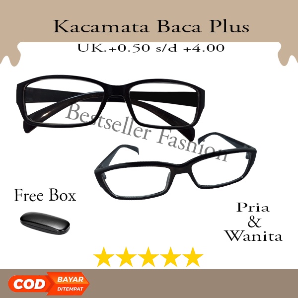 KACAMATA PLUS (+) BACA PRIA DAN WANITA FRAME HITAM KOTAK KACAMATA RABUN DEKAT FULL PLUS UKURAN +0.50 S/D +400 FREECASE