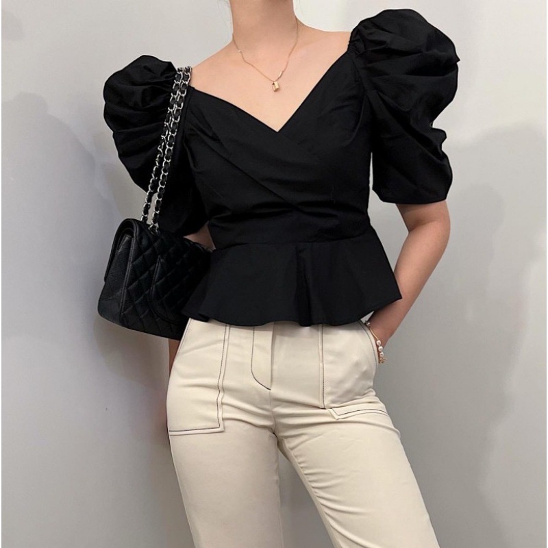 #Sisjuly # Wanita Baru Gaun Musim Panas Perancis Retro Romantis Cross V-Neck Lengan Puff Ruffle Slim