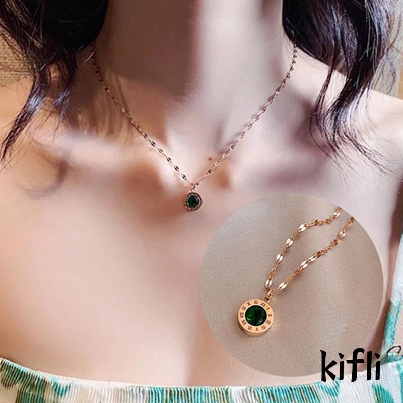 Kalung Bahan Titanium Steel Aksen Berlian Warna Hijau Untuk Wanita