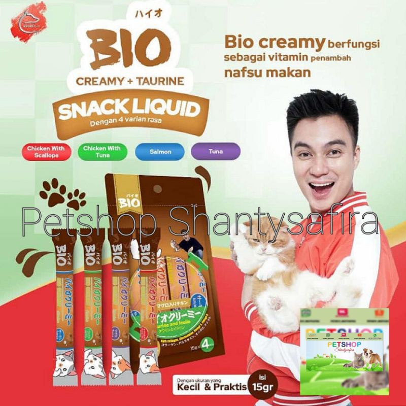 SNACK KUCING LIQUID BIO CREAMY PLUS TAURIN DAN INULIN BIO CREAMY TREATS 1 SHACET ISI 4 PCS Baim Wong setara meo creamy treats