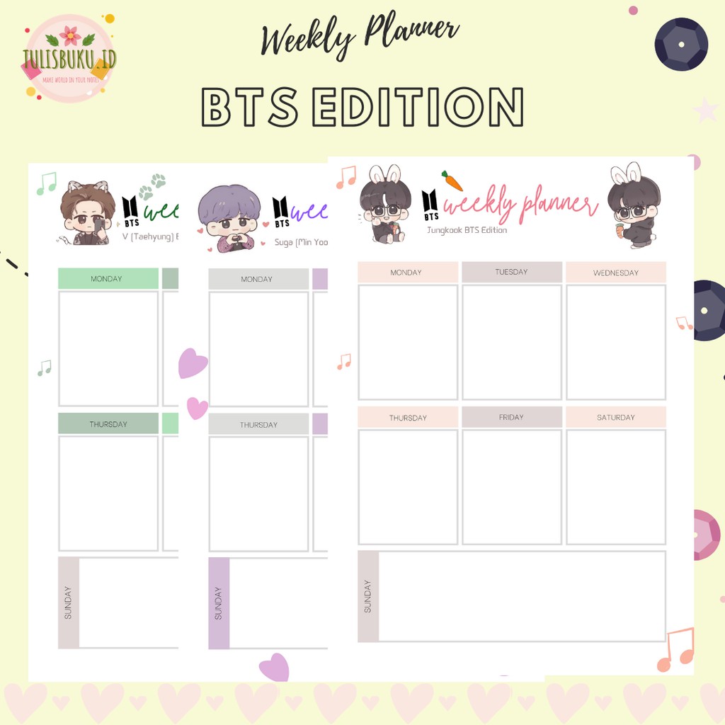 

WEEKLY PLANNER BTS EDITION EPS. JUNGKOOK SUGA V LOOSE LEAF ISI BINDER KERTAS FILE A5 / B5