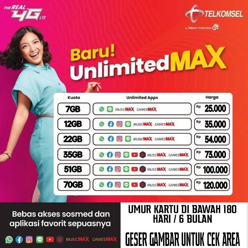 Tembak / Inject Paket data isi kuota Unlimited Max Telkomsel 3GB 7GB 15GB 25GB 38GB 55GB UnlimitedMa