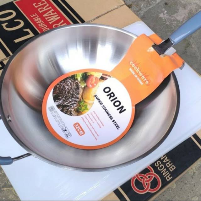 Wok Stainless Steel 32cm Tebal Good Quality Gagang 1 Penggorengan Orion Wajan