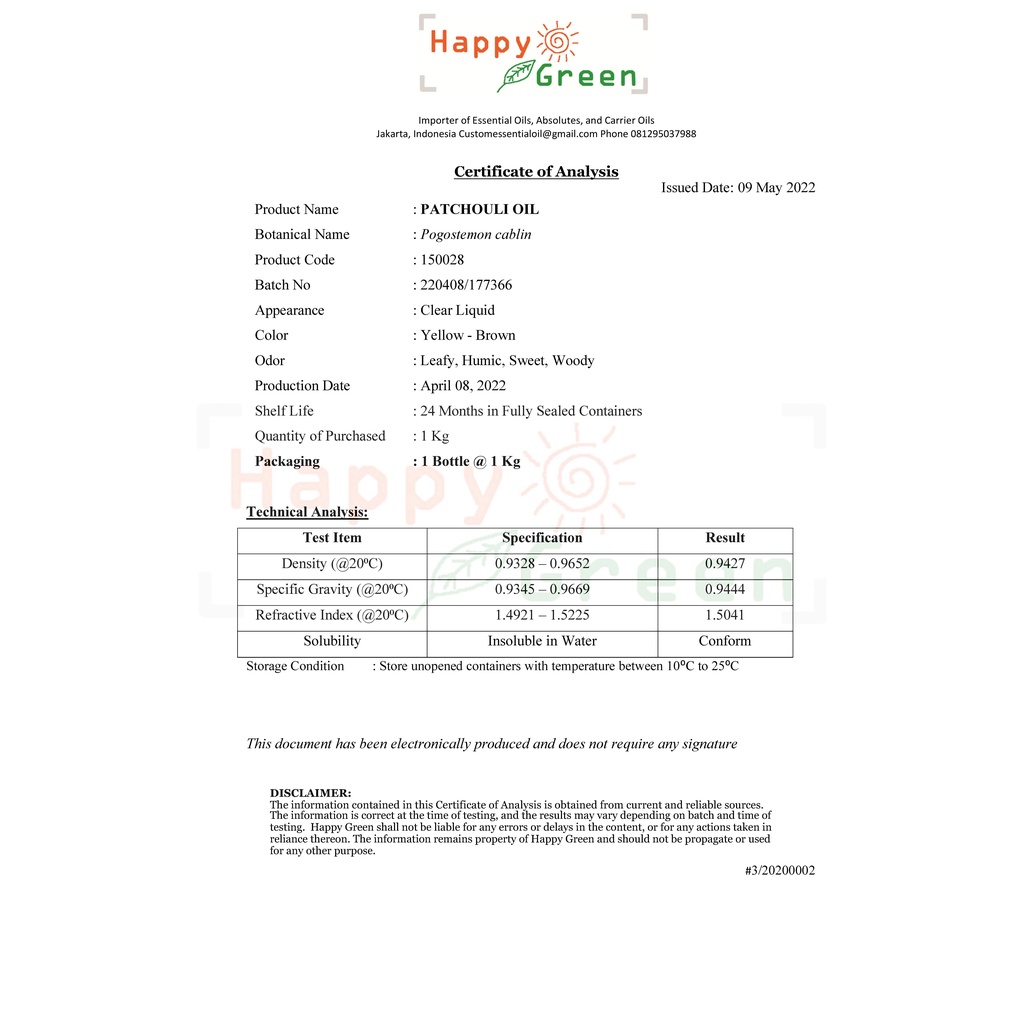 BPOM Happy Green Patchouli Essential Oil - Minyak Atsiri Nilam Murni 100% Garansi Uang Kembali