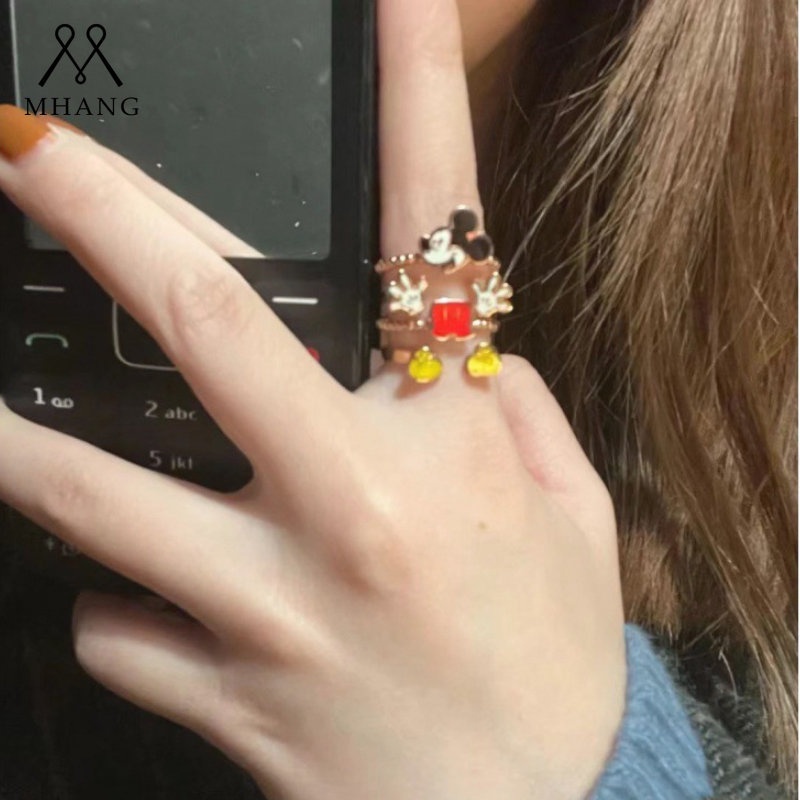 Cincin Model Terbuka Desain Kartun Mickey Mouse Multi Layer Warna Silver Untuk Wanita