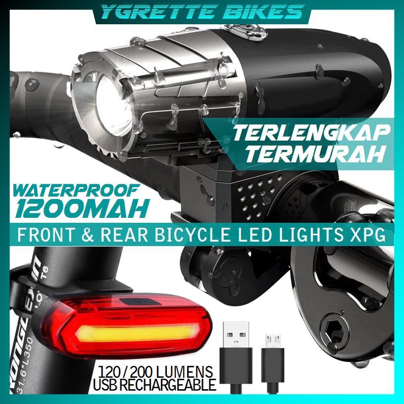 YGRETTE - RAYPAL PAKET LAMPU DEPAN BELAKANG Sepeda USB Rechargeable LED XPG GATOR LIGHT