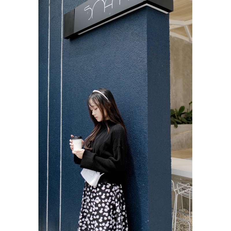 Fwdaily - ANNA ( crop sweater - sweater rajut motif turtleneck )-Black