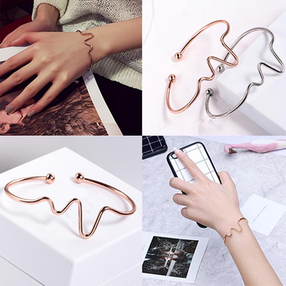 Hu Hu Hu Hu Hu Alat Bantu Pasang Kacamata♡ Gelang Bangle Open Desain Detak Jantung Rhythm ECG Gelombang Untuk Wanita