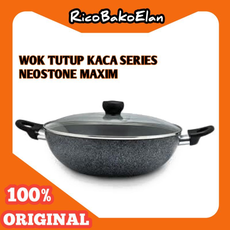 WAJAN MODERN MAXIM NEOSTONE WOK 30cm TUTUP KACA MAXIM TEFLON FREE KARDUS DAN BUBBLE