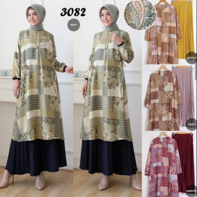 SETELAN ROK PLISKET DAN ATASAN LONG TUNIK MOTIF IMPORT BUSUI FRIENDLY ORI MOSCA