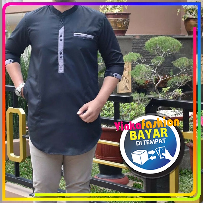 Baju Koko Cowok Pria Polos Terkini Santri Gaul Casual Ala Gus-Azmi Pakistan Kekinian Navy