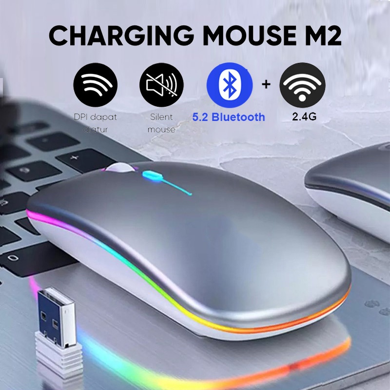 2.4G Silent Wireless Mouse Rechargeable 1600 DPI RGB LED Backlit Isi Ulang Mouse Gaming Ergono Mouse Bluetooth Mouse Wireless