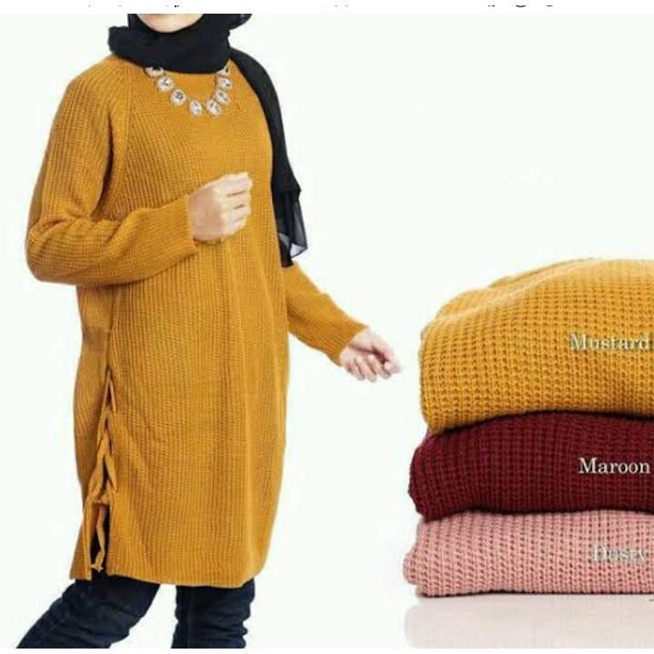 Atasan Muslim Wanita Rajut CLARISSA TUNIK-MUSTARD