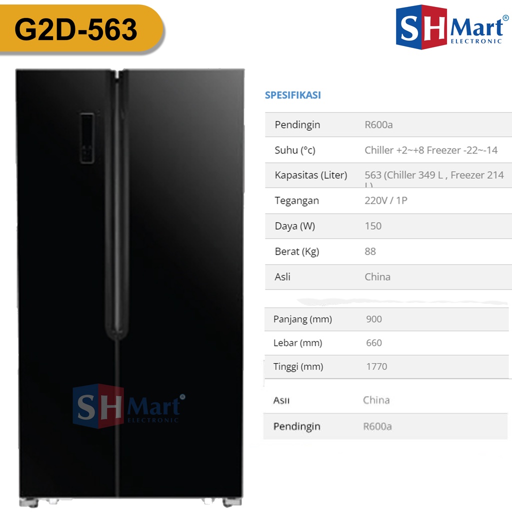 KULKAS SIDE BY SIDE GEA 2 PINTU G2D-563 INOX G2D-563 BLACK INVERTER  GARANSI RESMI (MEDAN)