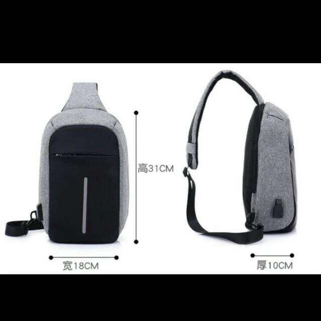 polo top tas sling bag pria tas fashion pria original - grey + usb portable
