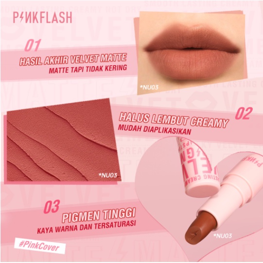 PINKFLASH PinkCover Velvet Matte Lipstick High - Silky Soft Lipstik Bibir Tahan Lama