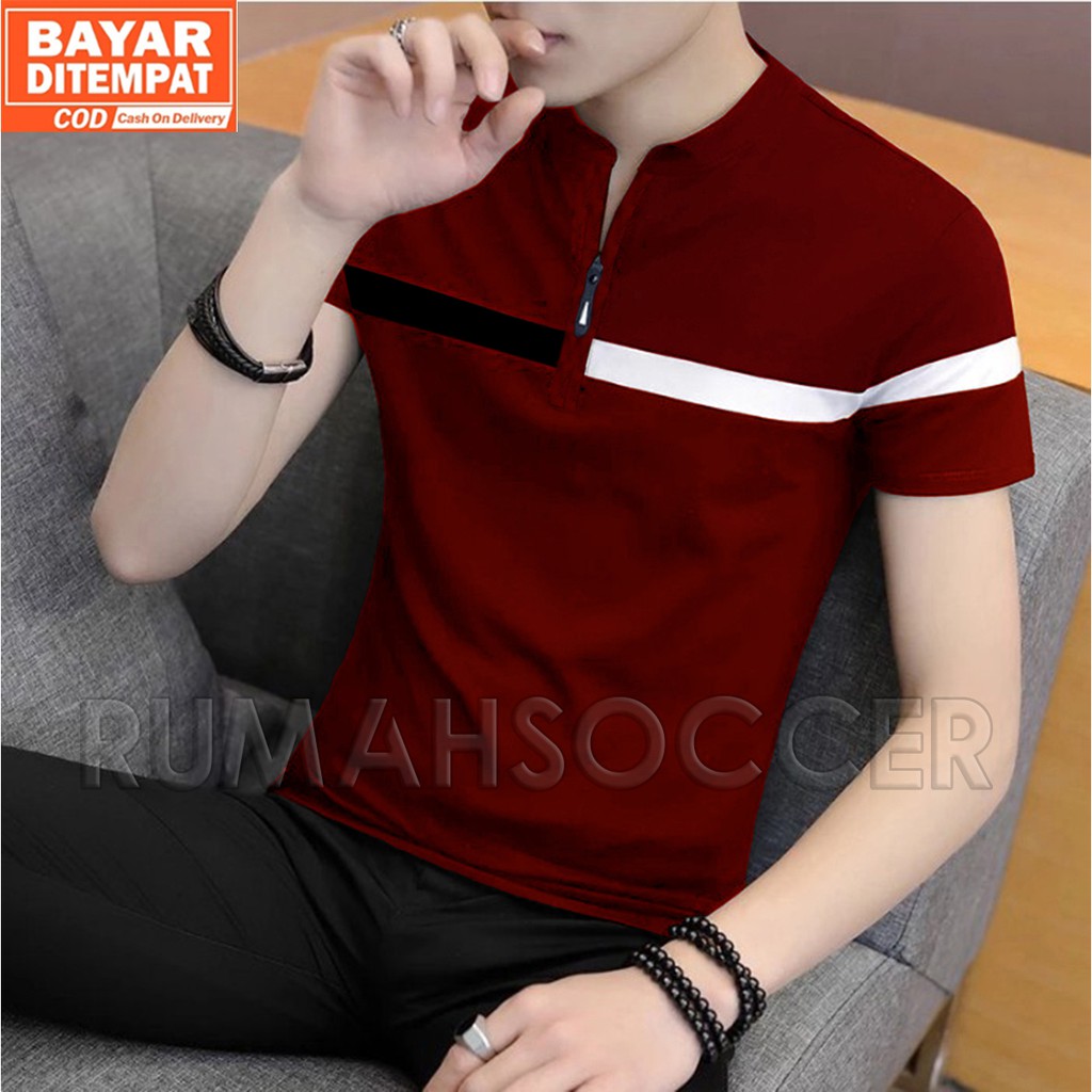 Kaos Pria Lengan Pendek Terbaru Bahan Katun Resleting Kerah Shanghai Original Distro Bandung - OMEGA