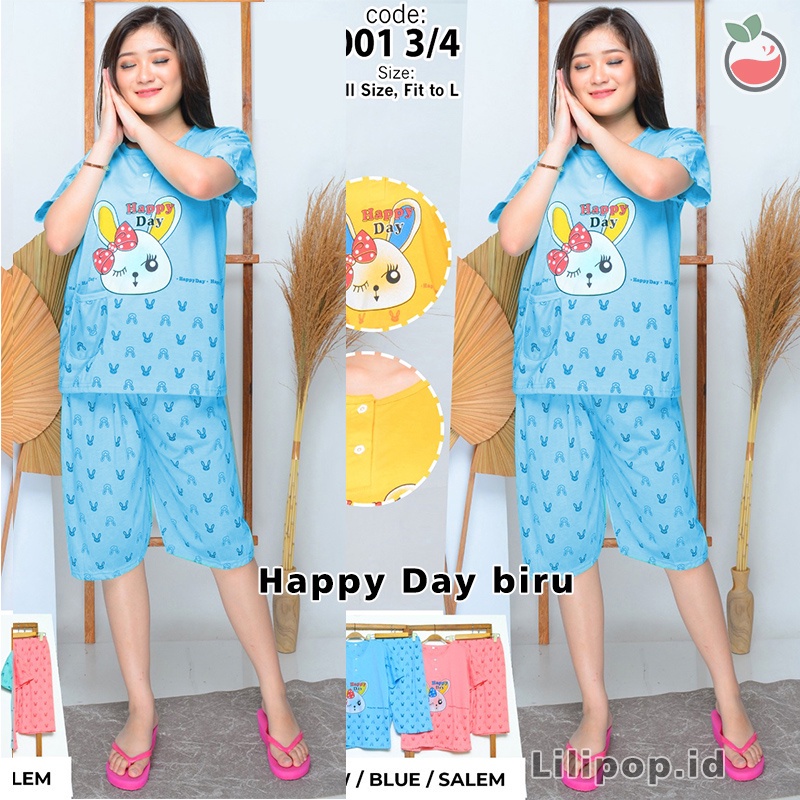 Lilipop.id  Baju Tidur Wanita 3/4 ALL SIZE STANDAR Happy Day Setelan Piyama BabyDoll Kaos Celana Pendek