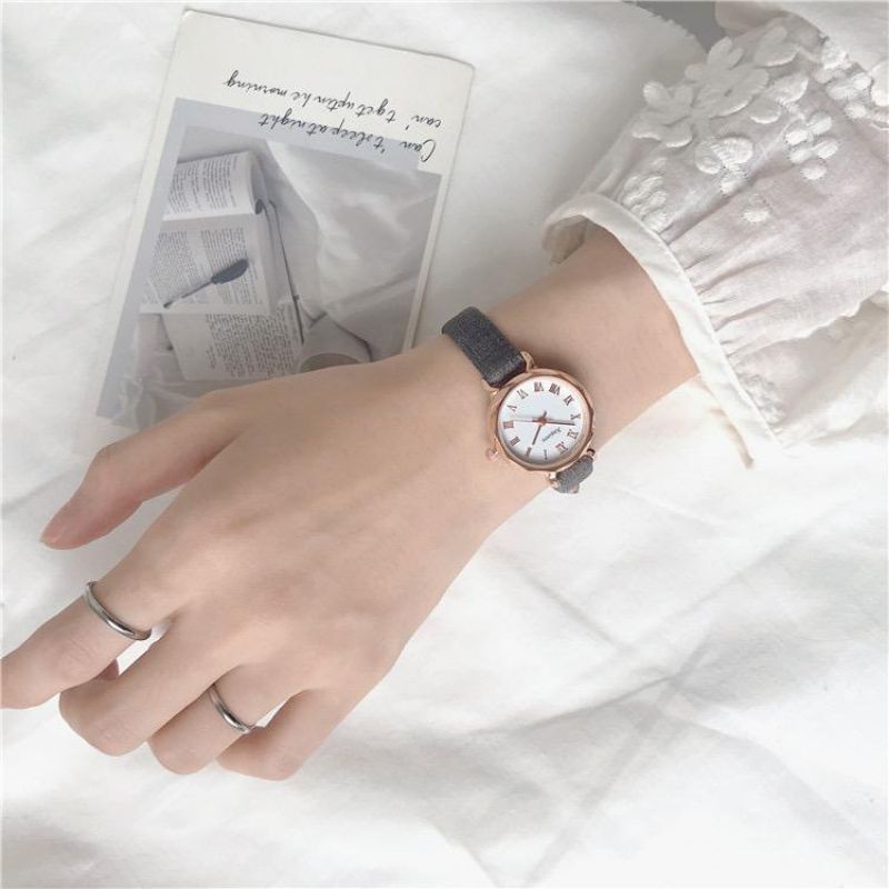 Jam Tangan Wanita Analog Bulat Strap Pu Quartz Bulat Fashion Korea Terbaru