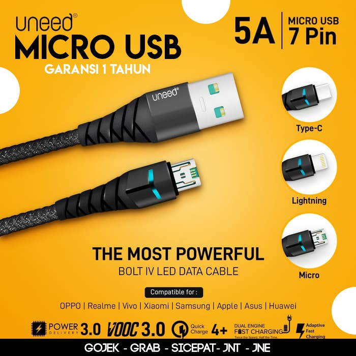 KABEL DATA MICRO USB UNEED BOLT IV 4 FAST CHARGER 5A QUICK CHARGER 3.0 QUALCOMM OPPO VOOC HUAWEI