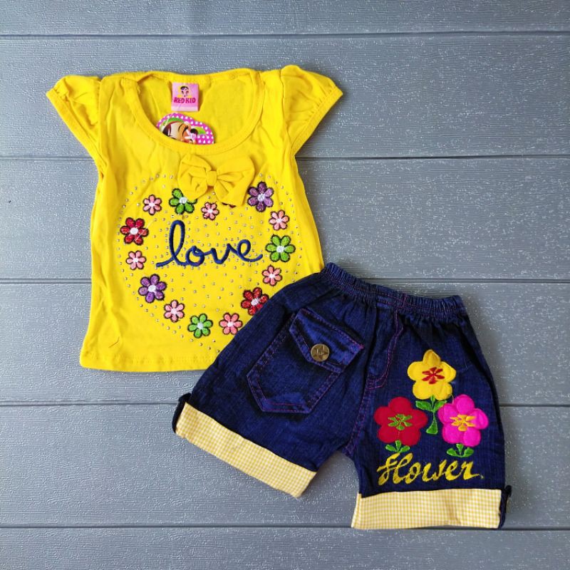 COD Setelan Red Kid  rok dan celana jeans Nourick usia 3-12 anak perempuan / girl / cewek / murahuc